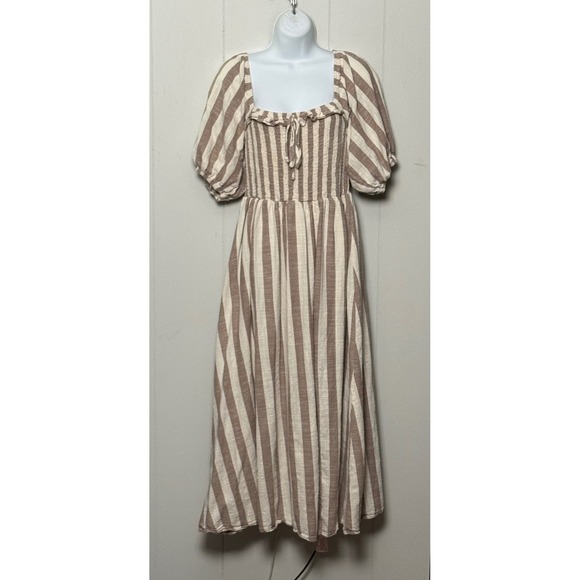 Saints & Hearts Dresses & Skirts - Saints & Hearts Tan White Striped Smocked Puff Sleeve Midi Dress Size Small